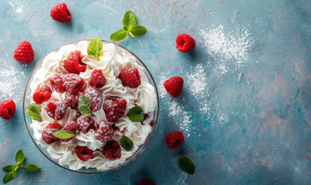 Raspberry trifle on a pale blue surfaceの素材