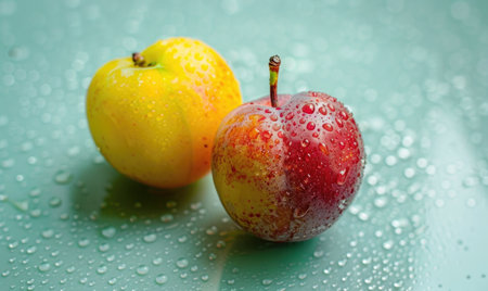 Red and yellow plums on a pale green backdropの素材