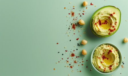 Avocado and hummus dip on a light green backgroundの素材