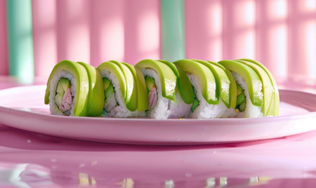 Avocado sushi rolls on a pastel pink plateの素材