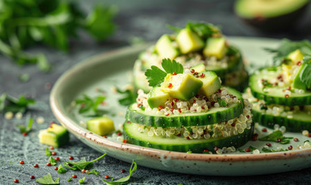 Avocado and quinoa salad on cucumber rounds on a pastel green plateの素材