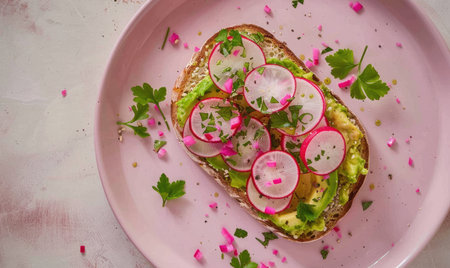 Avocado toast with radishes and herbs on a pastel pink plateの素材