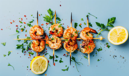 Grilled shrimp skewers with lemon and herbs on a light blue backgroundの素材