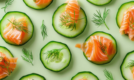 Cucumber slices topped with smoked salmon and dill on a light green backgroundの素材
