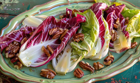 Endive leaves with walnut and apple salad on a pastel green plateの素材