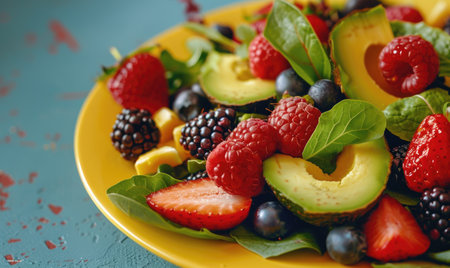 Avocado and berry salad on a pastel yellow plateの素材