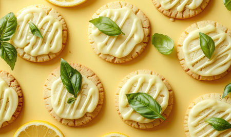 Lemon and basil cookies with lemon glaze on a light yellow backgroundの素材