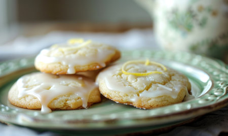 Lemon and coffee cookies with lemon glaze on a pastel green plateの素材
