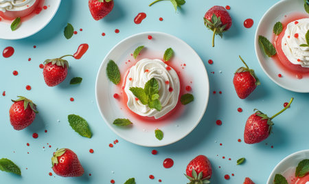 Strawberry panna cotta on a pastel blue surfaceの素材