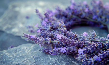 Stone background with wreath of lavender and space for textの素材