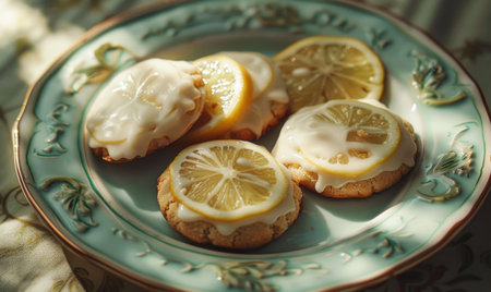 Lemon and ginger cookies with lemon glaze on a pastel green plateの素材