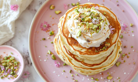 Pistachio and ricotta pancakes with pistachio cream on a pastel pink plateの素材
