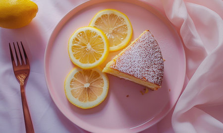 Lemon ricotta cake with a latte on a pastel pink plateの素材