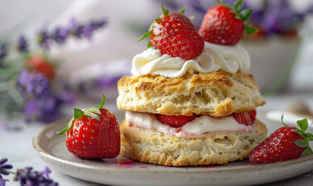 Strawberry shortcake cotta on a pastel yellow backgroundの素材