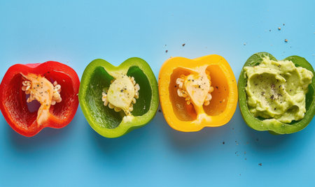Sliced bell peppers with guacamole on a light blue backgroundの素材
