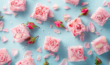 Turkish delight (rahat lokum) with rose flavor on a light blue backgroundの素材
