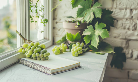 Closed notebook on a white table with a bunch of grapesの素材