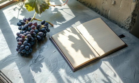 Closed notebook on a light gray table with a bunch of grapes on the leftの素材