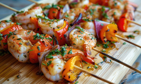 Shrimp and roasted vegetable skewers on a light wooden backgroundの素材