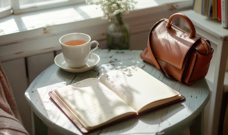 Closed notebook on a light gray table with a cup of tea and a handbagの素材