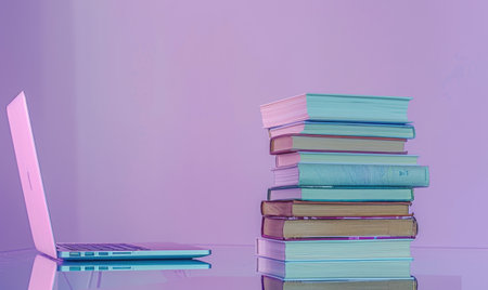 Stack of books on a glass table with a pastel violet backgroundの素材