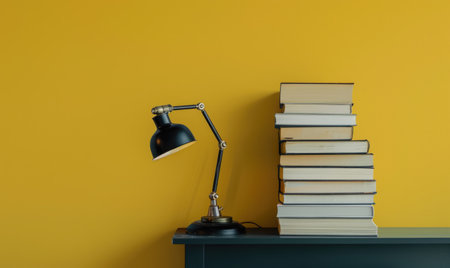 Stack of books on a black table with a pastel butter yellow backgroundの素材