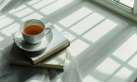 Stack of books on a white table with a cup of teaの素材