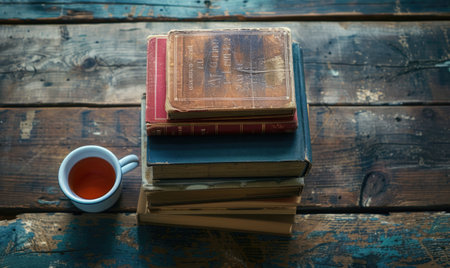 Stack of books on a wooden table with a cup of tea next to it, shadow from window, top viewの素材