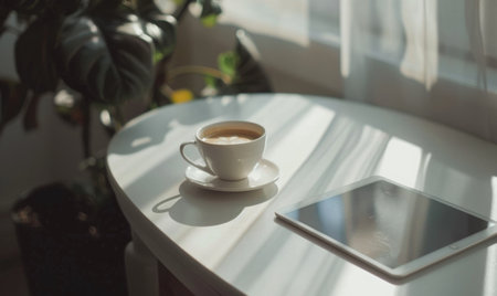 Tablet on a light gray table with a cup of tea on the left, sunlight from windowの素材