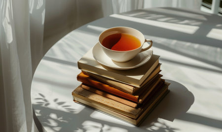 Stack of books with a cup of tea on a light gray table, soft shadows from windowの素材