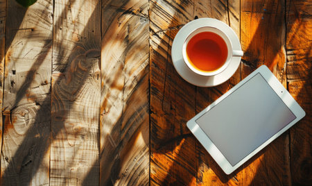 Tablet on a wooden table with a cup of coffee on the leftの素材