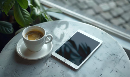 Tablet on a light blue table with a cup of tea on the right, shadow from window, top viewの素材