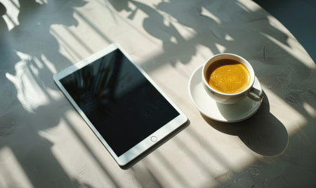 Tablet on a light blue table with a cup of tea on the right, shadow from window, top viewの素材