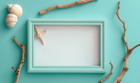 White blank card in a turquoise frame on a pastel turquoise background, with a seashell and a piece of driftwoodの素材