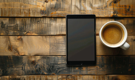 Tablet on a wooden table with a cup of coffee on the leftの素材