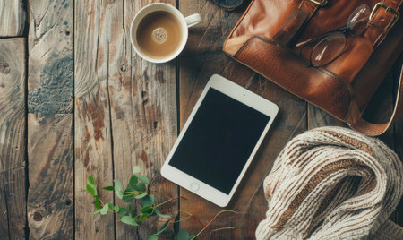 Tablet on a wooden table with a cup of coffee on the leftの素材