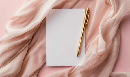 White blank card in a golden frame on a pastel blush pink backgroundの素材