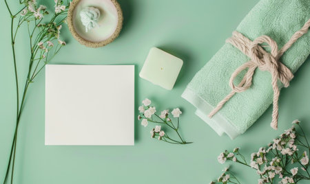 White blank card on a pastel mint green background, with a handmade soapの素材