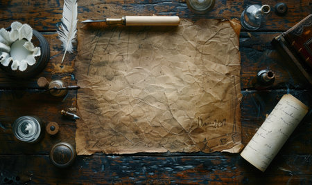 Classic wooden desk with quills, ink bottles, old letters, top viewの素材