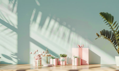 Wooden desk with small gift boxesの素材