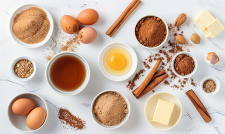 Baking ingredients on a granite countertop, top viewの素材