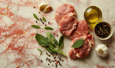 Meat ingredients on a granite countertop, pork loin, garlic, sage, salt, olive oilの素材