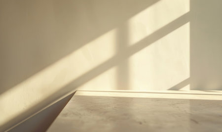 Light sand countertop, pastel background, shadow from window on the rightの素材
