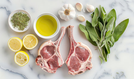 Meat ingredients on a marble countertop, veal chops, top viewの素材