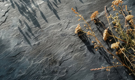 Top view of a black slate countertop with autumn herbariumの素材
