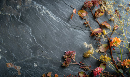 Top view of a black slate countertop with autumn herbariumの素材