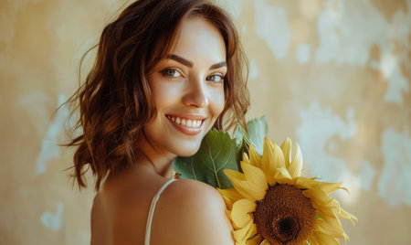 Portrait of a young woman with a sunflower bouquetの素材