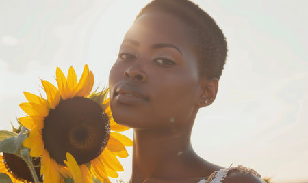Portrait of a young woman with a sunflower bouquetの素材
