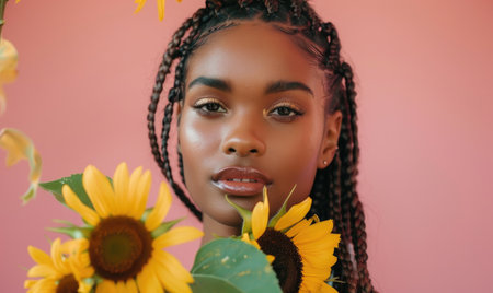 Portrait of a young woman with a sunflower bouquetの素材
