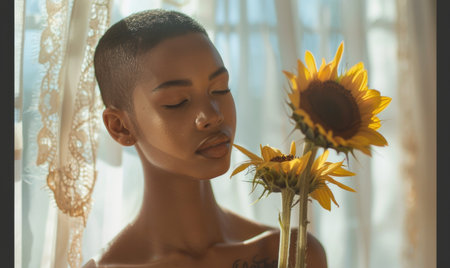 Portrait of a young woman with a sunflower bouquetの素材